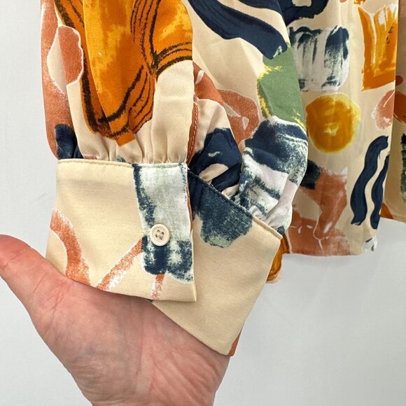 Entro Tan Floral Balloon Long Sleeve Button Front Relaxed Boho XL Blouse NWT - Picture 9 of 10